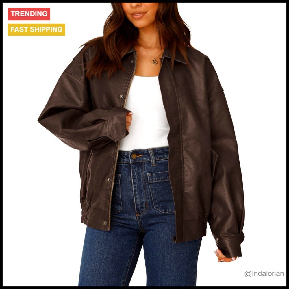 Faux Leather Motorcycle Jacket Oversized Zip Up Biker Style Chic Outerwear